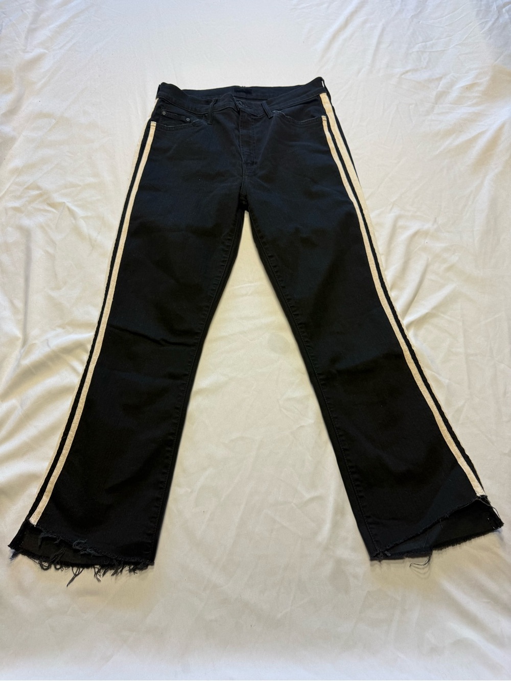 Mother Denim Black Jeans Cream Side Stripe Raw Hem